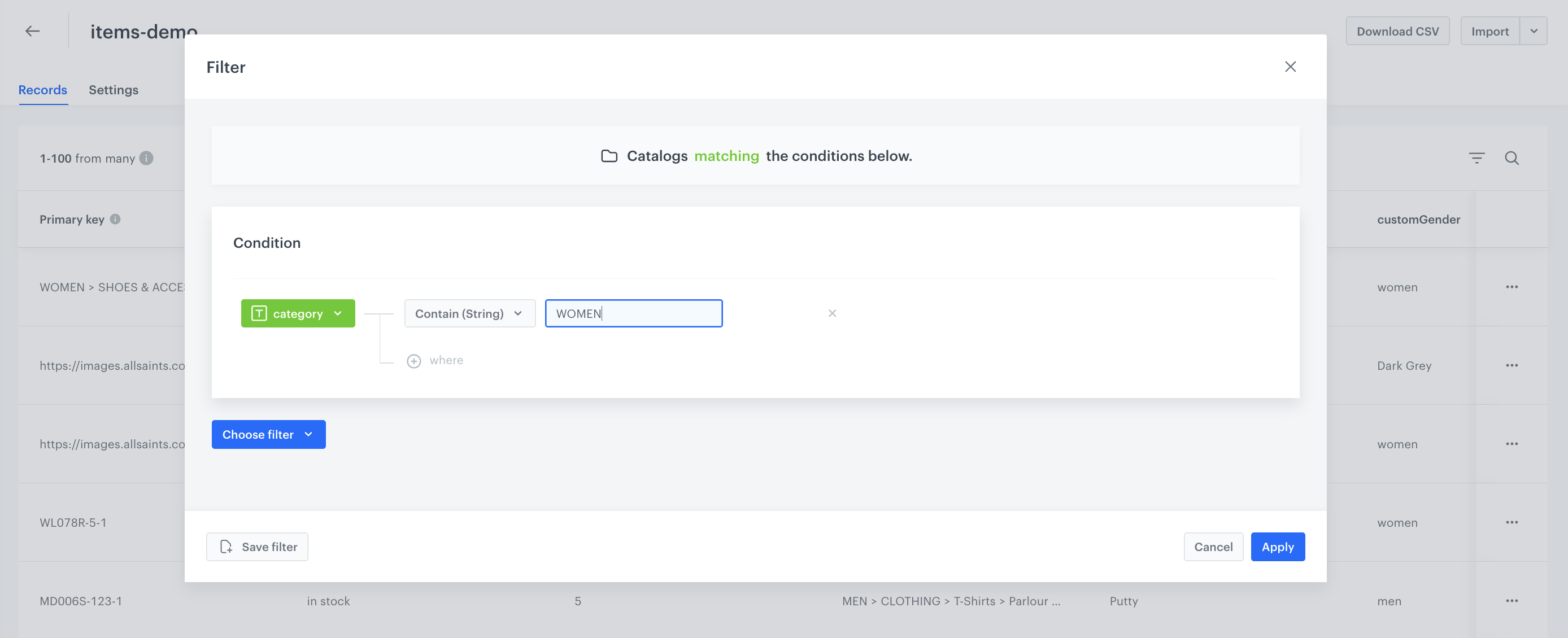The view of filter configuration for category