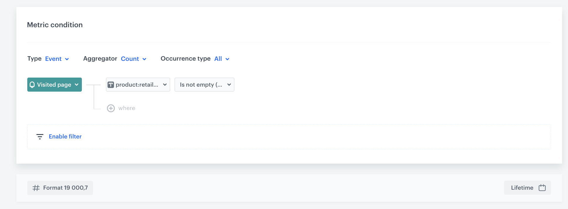 The view of the configuration of the metric returning the number of visits on the product page