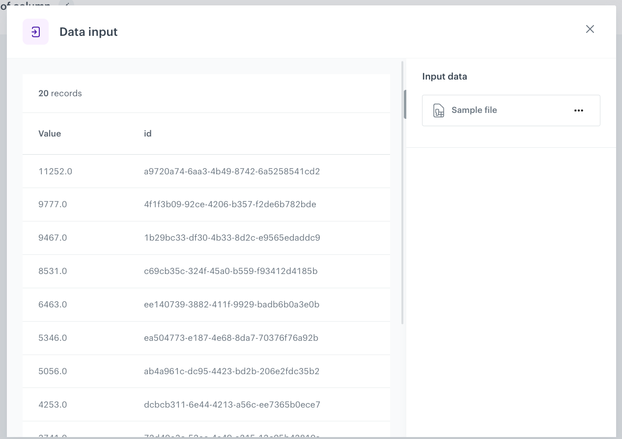 The configuration of the Data input node