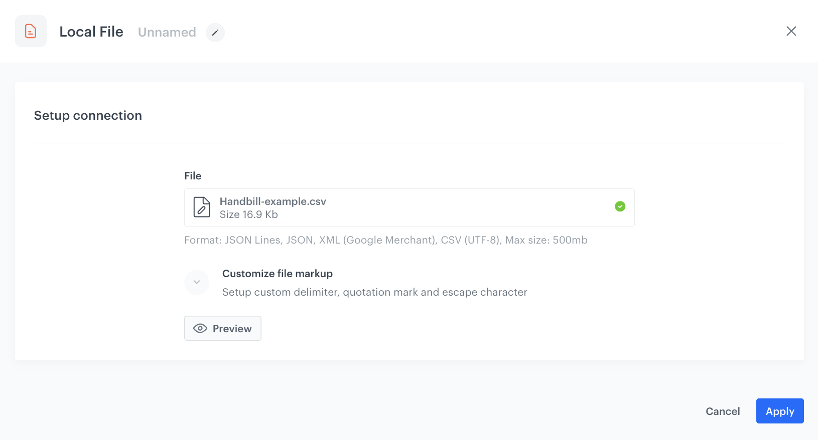 The configuration of the Data input node