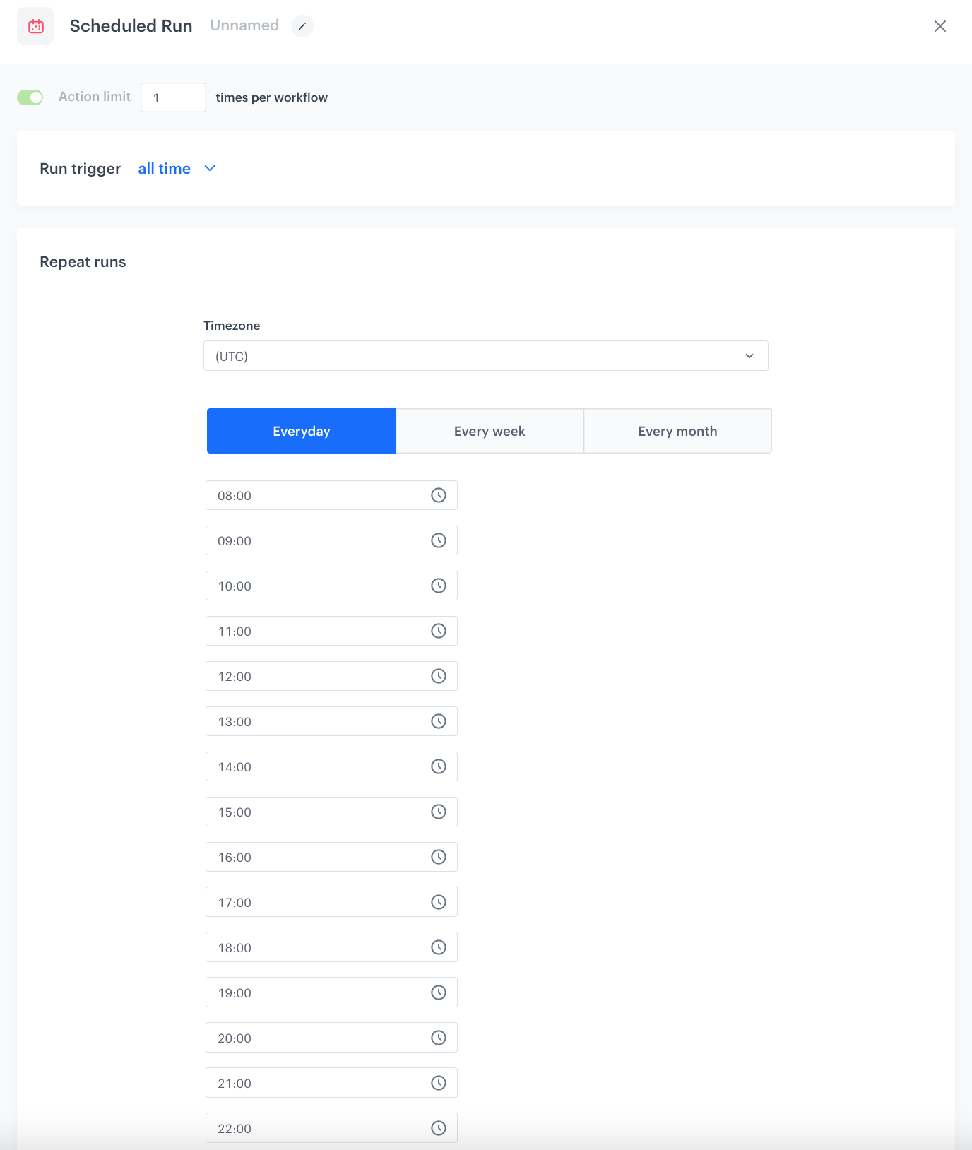 The configuration of the Scheduled Run node