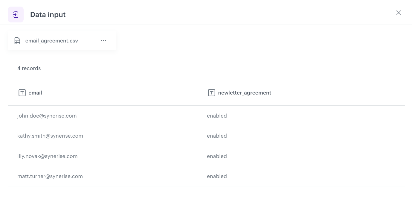 The configuration of the Data input node