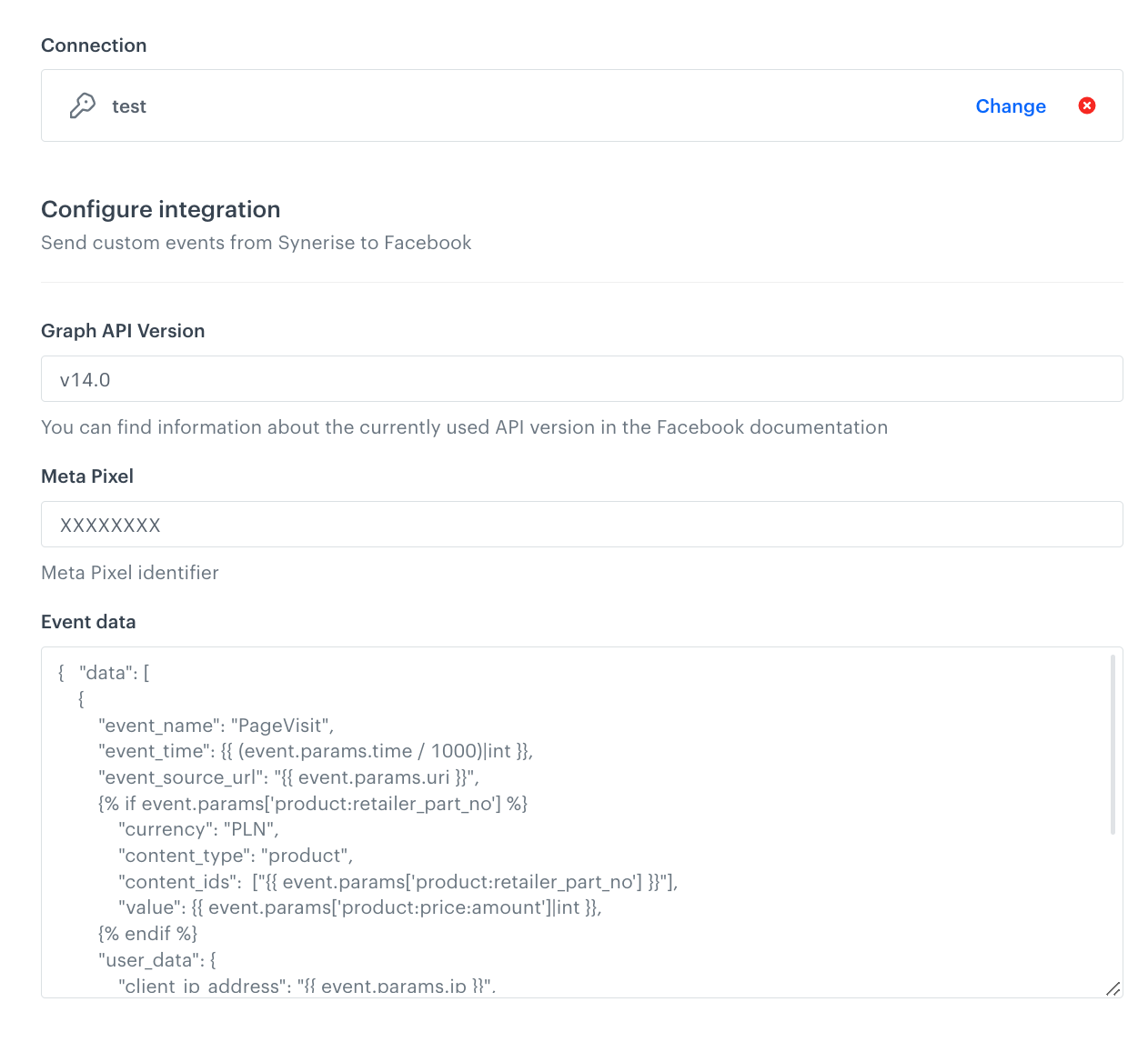 Configuration of the Facebook Integration node