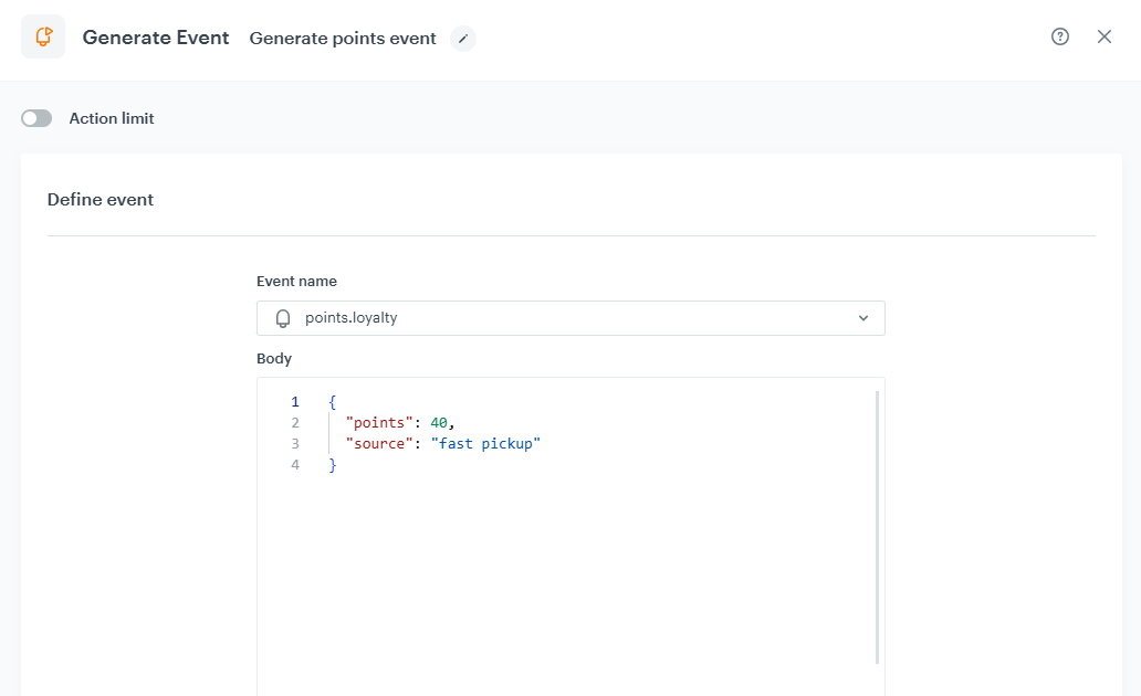The view of the Generate Event node configuration