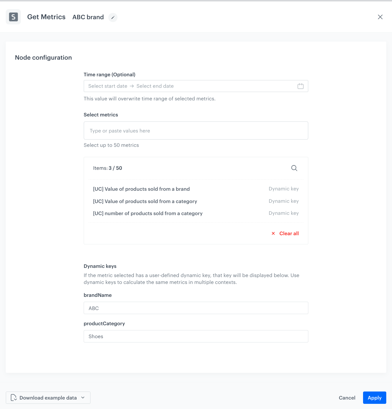 The view of Get Metrics node configuration