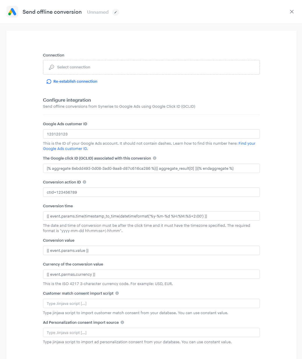 The view of the configuration of the Send offline conversion node