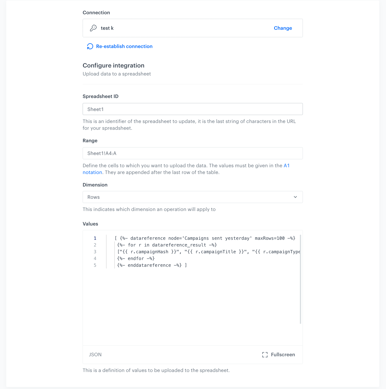 Upload Data to Spreadsheet Node