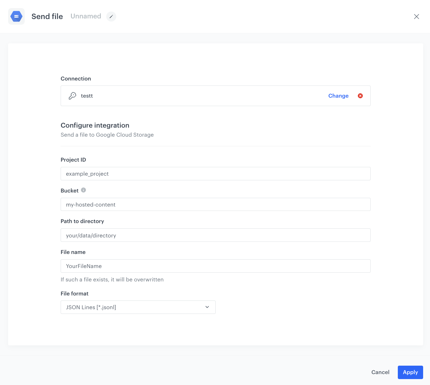 The configuration of the Get file from Google Cloud Storage node