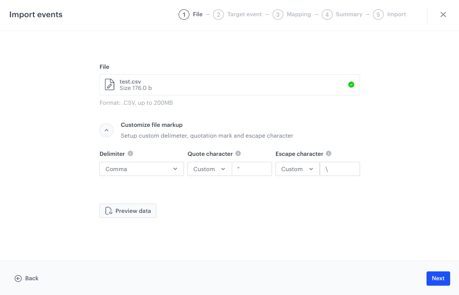 The view of the Import Events configuration