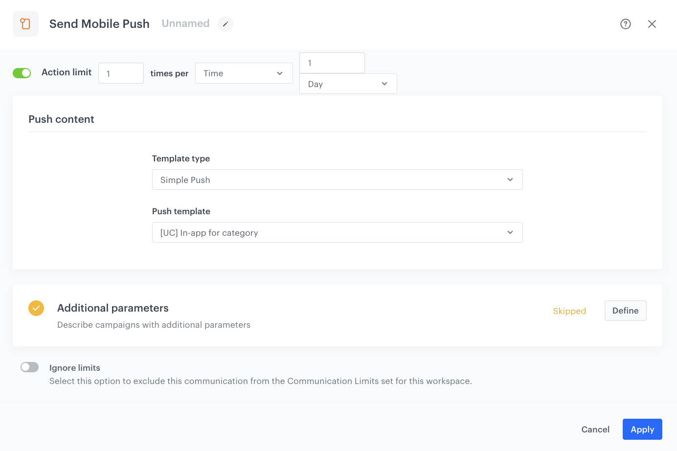 The send mobile push node configuration