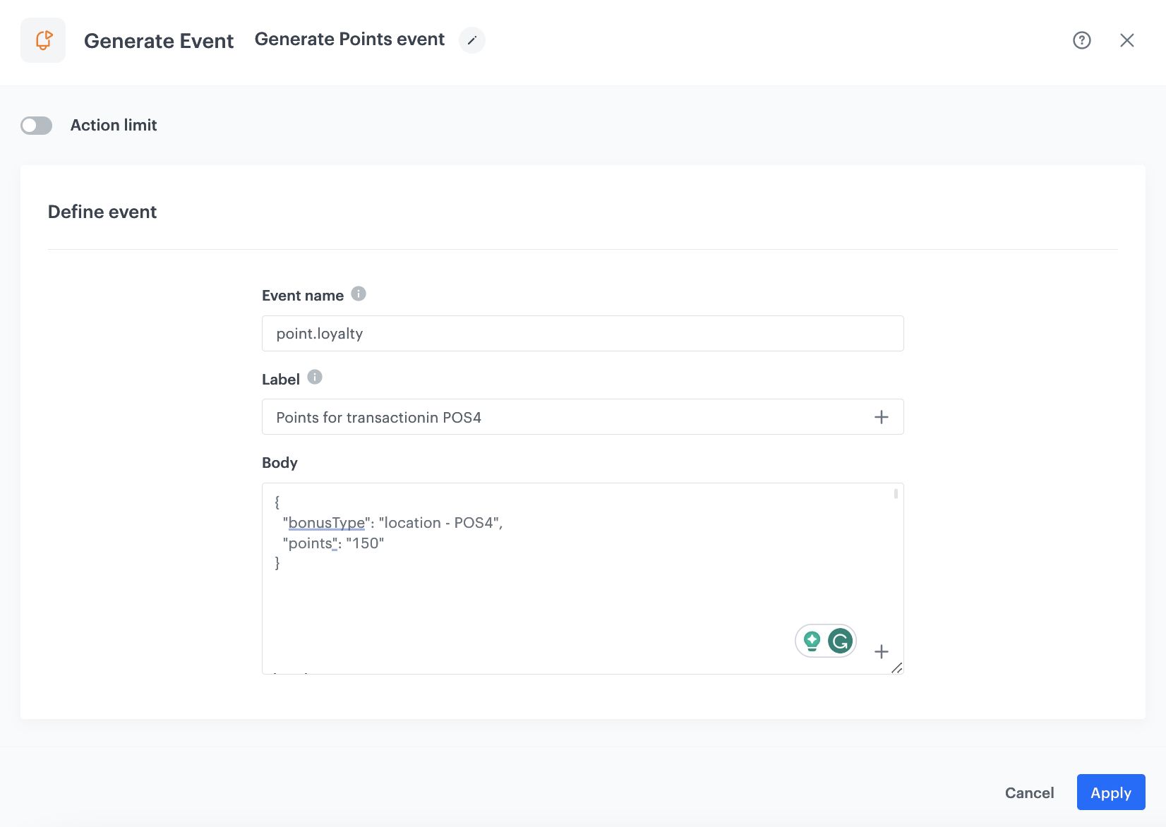 Generate Event node configuration