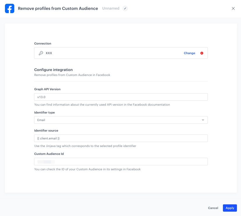 The view of the Remove profiles from Facebook Audience node configuration