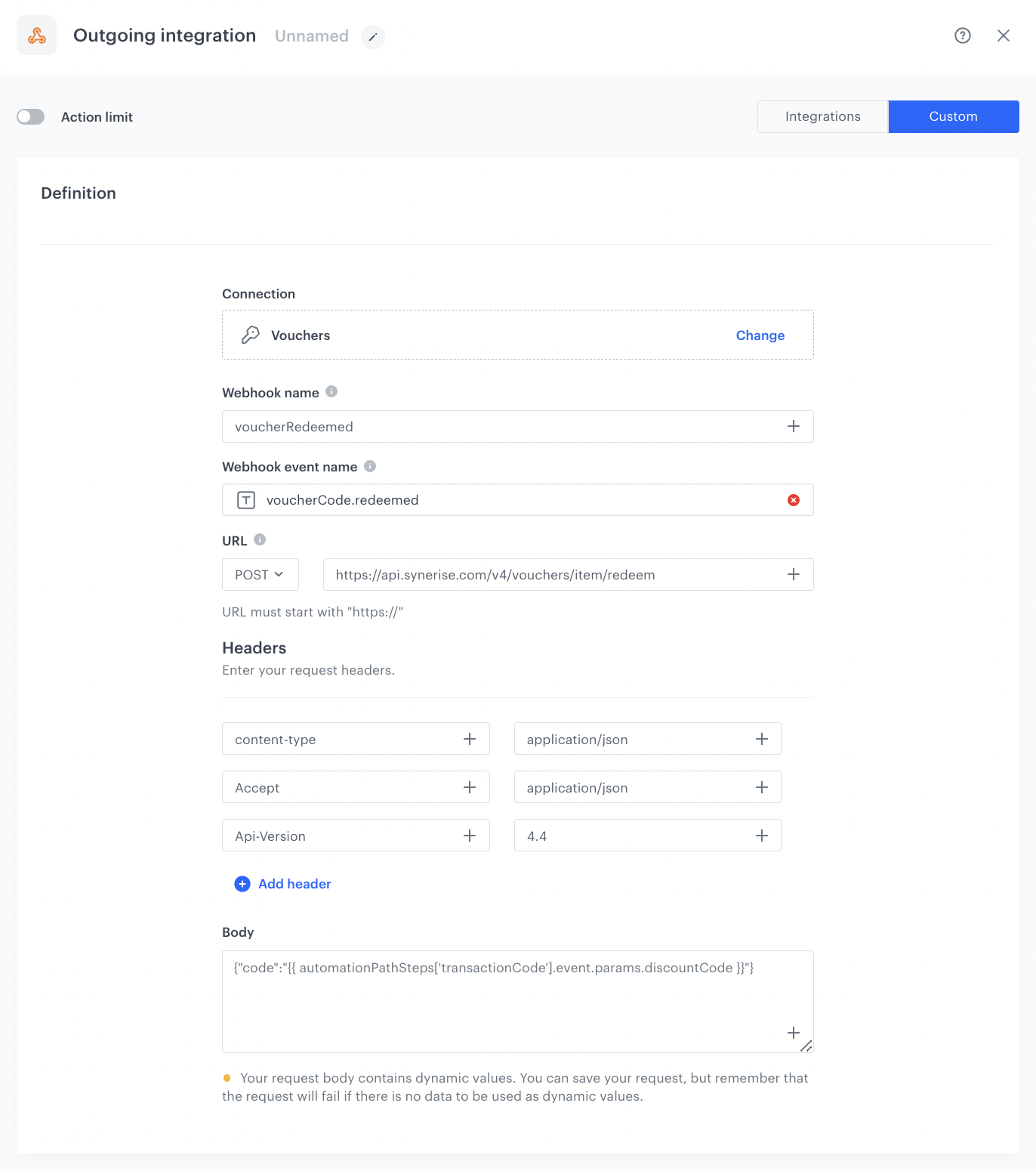 Outgoing integration node configuration