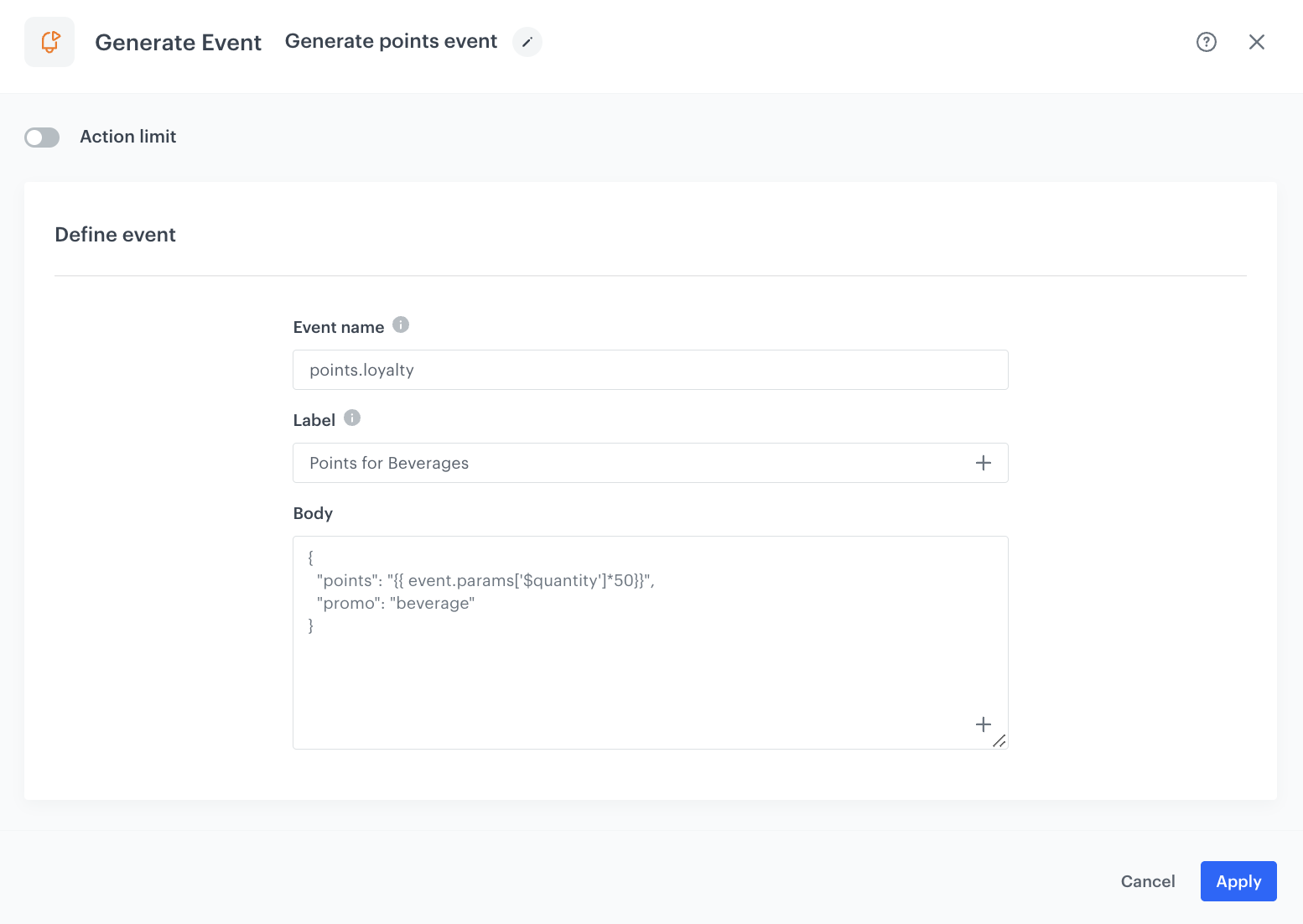 Configuration of the Generate Event node