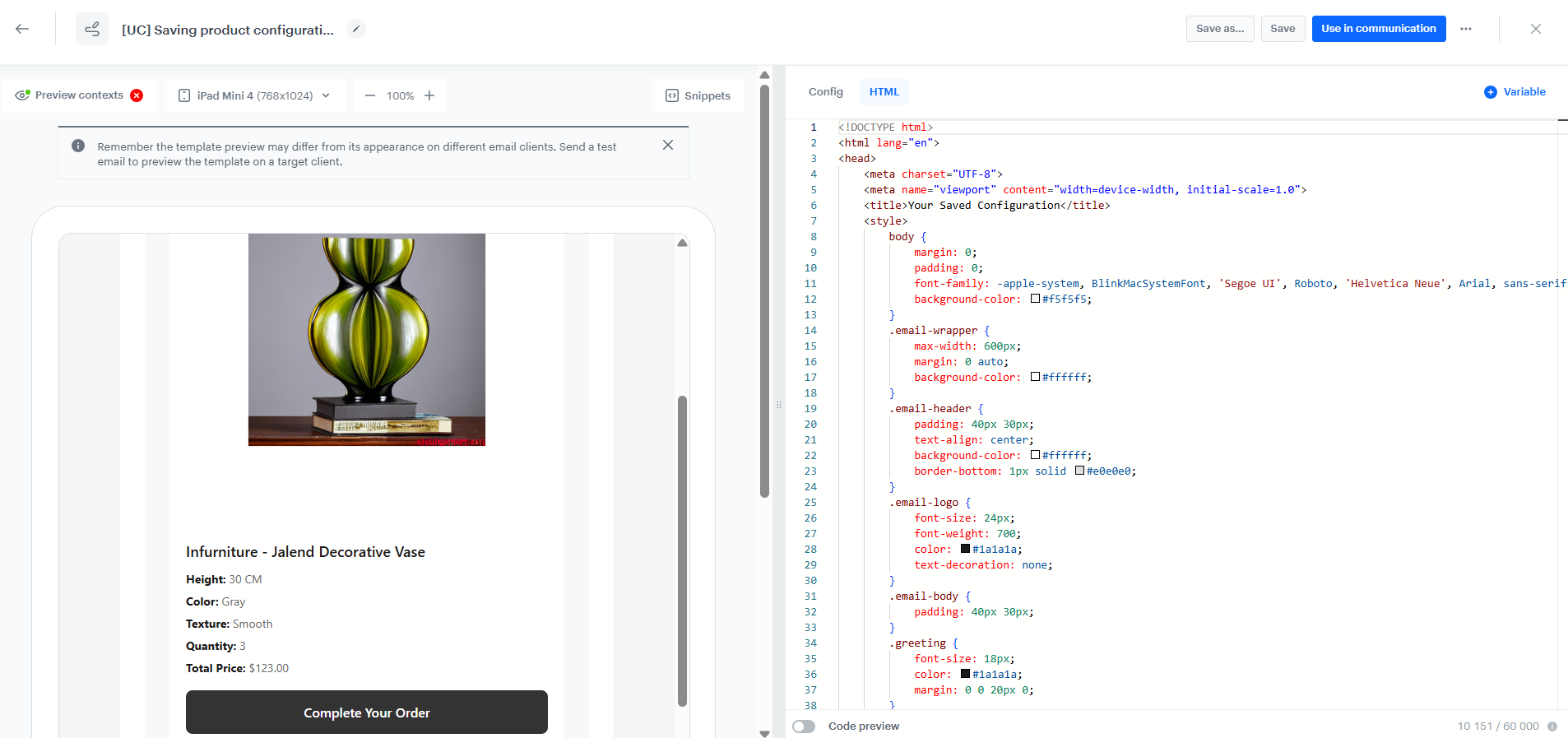 The view of the email template with Preview contexts mode on