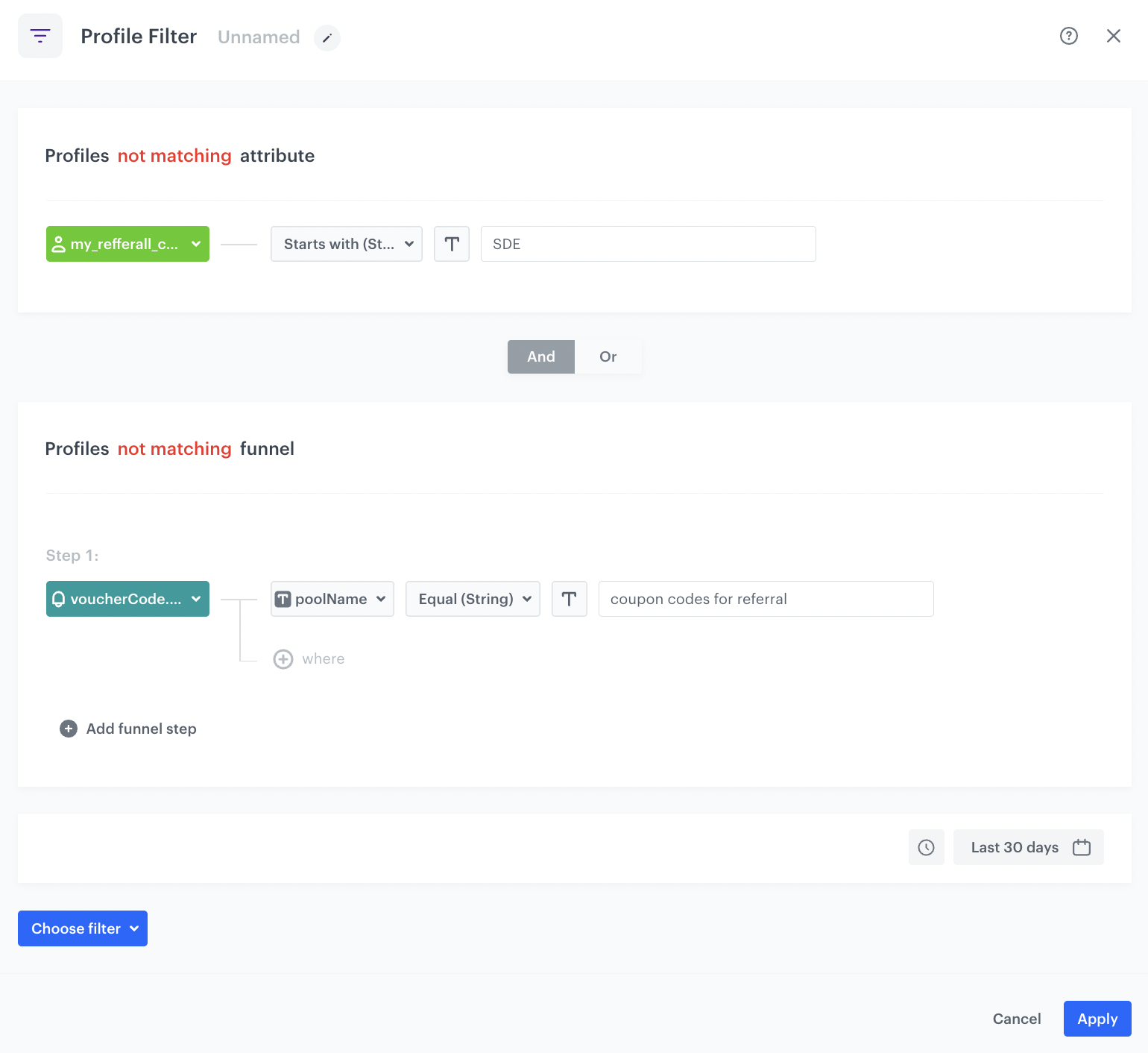 Event filter node configuration