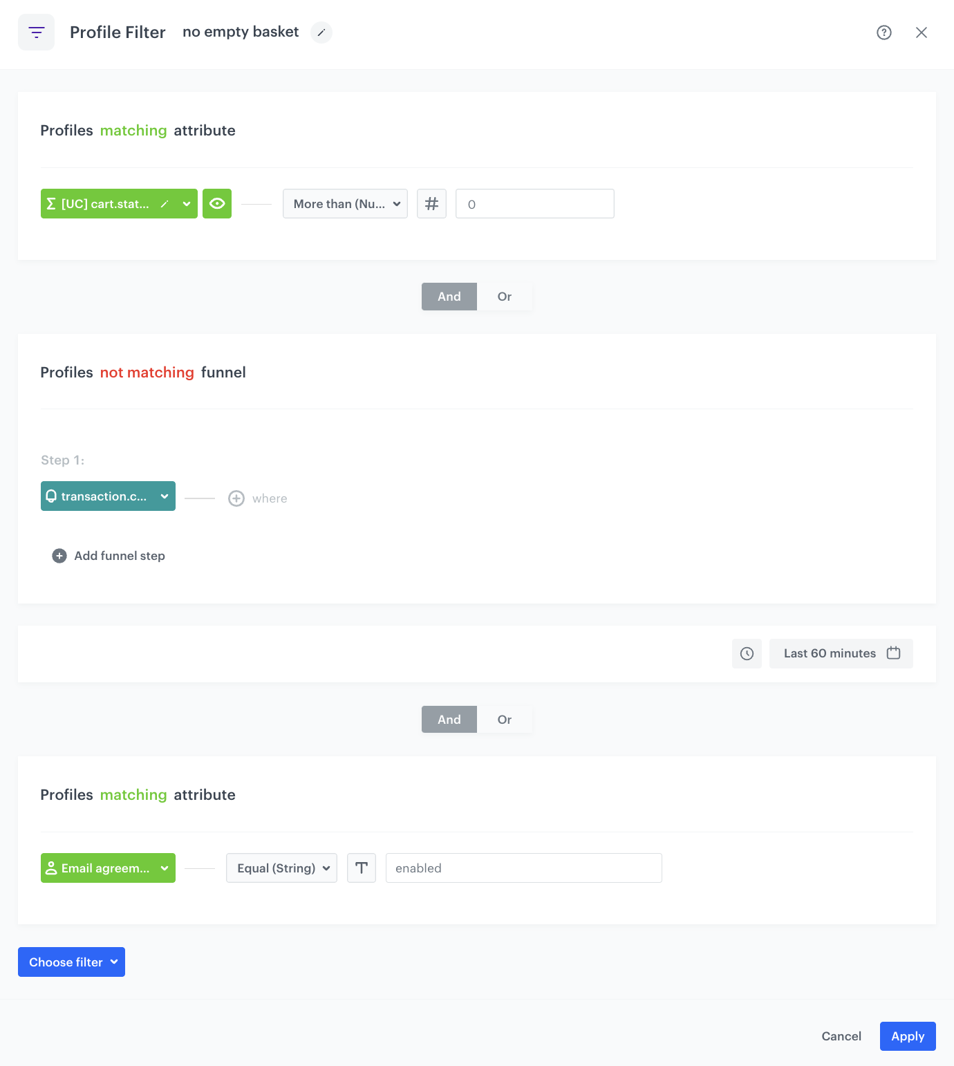 The view of the Profile filter node configuration