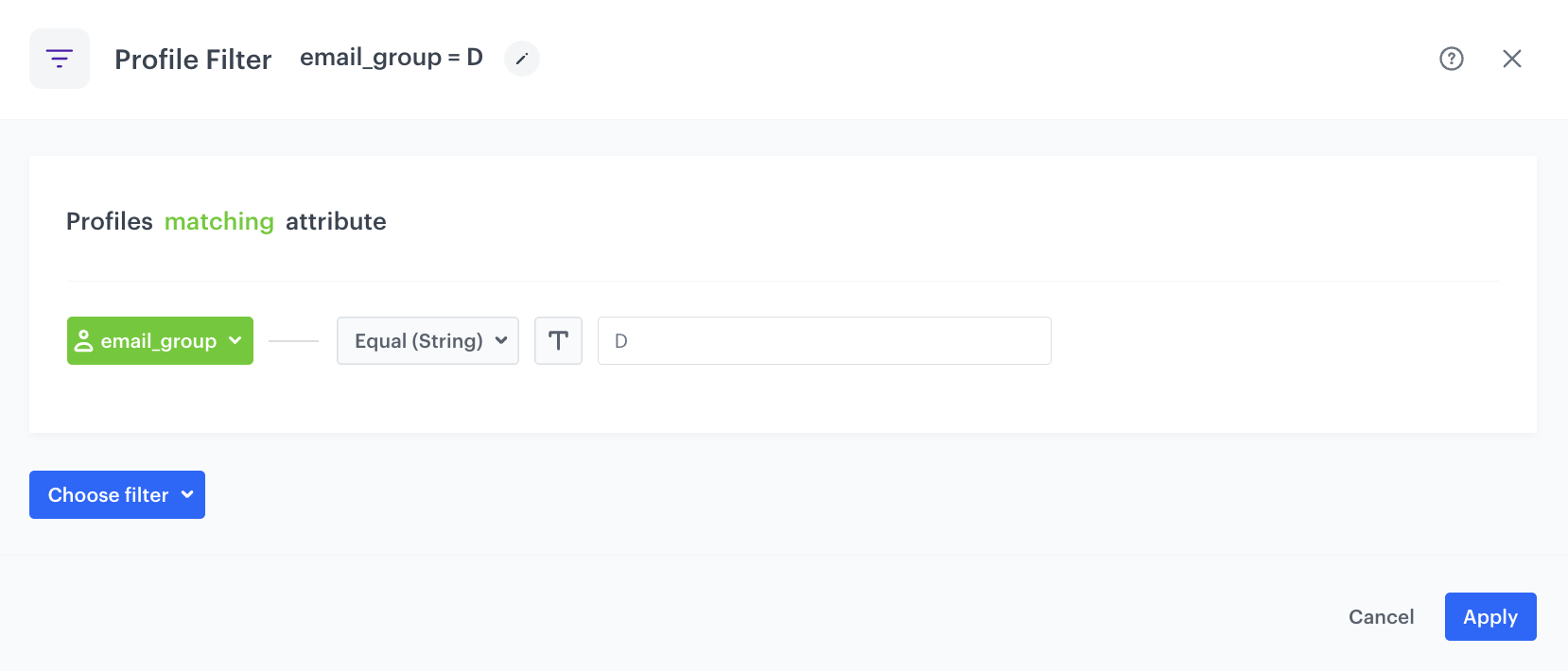 The view of the Profile filter node configuration