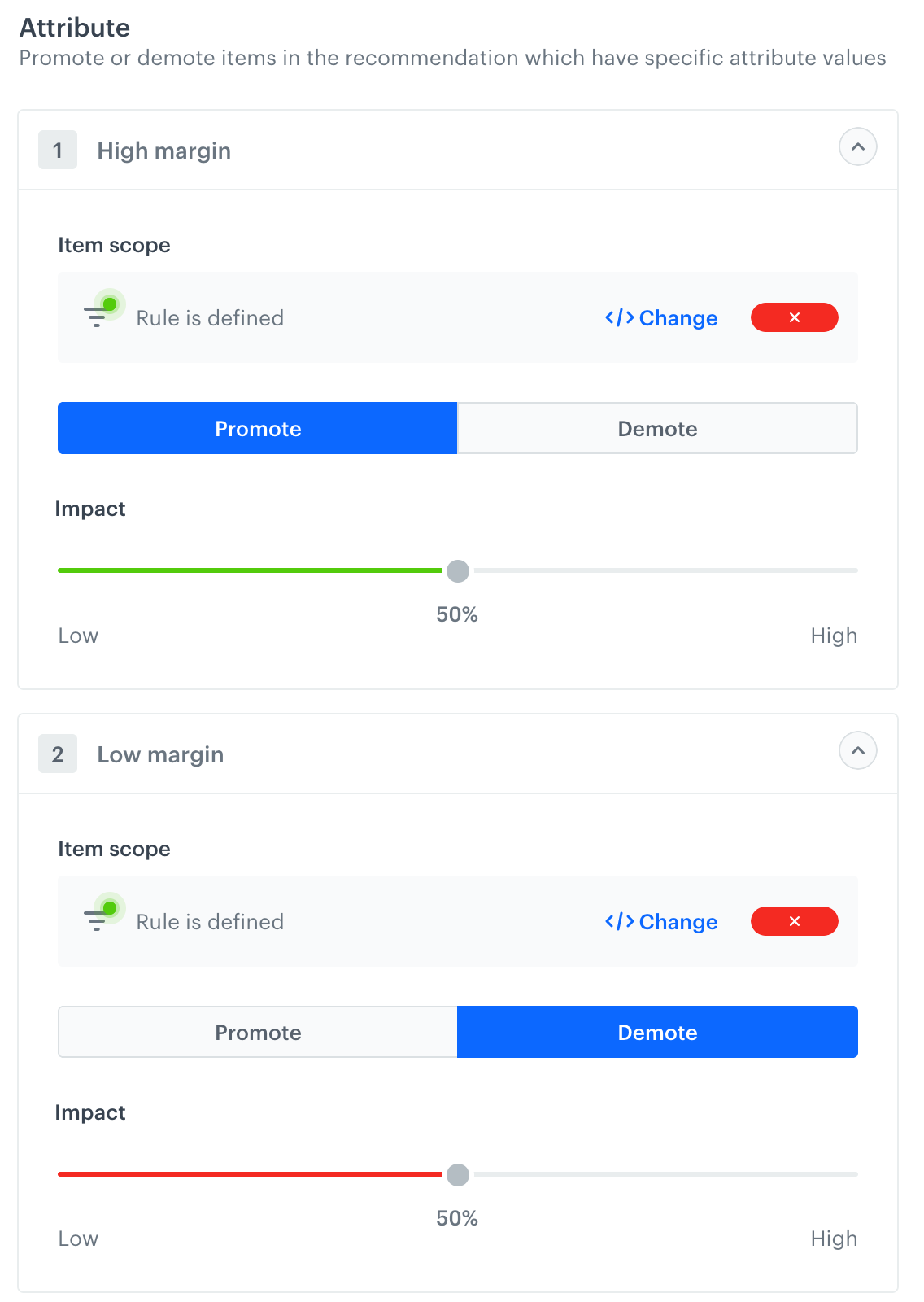 Screenshot of the recommendation creator: two rules applied at once: one for promotion, the other for demotion