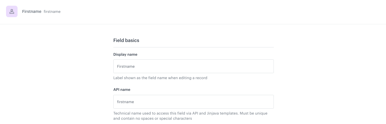Configuration of the Firstname field in the Brickworks schema