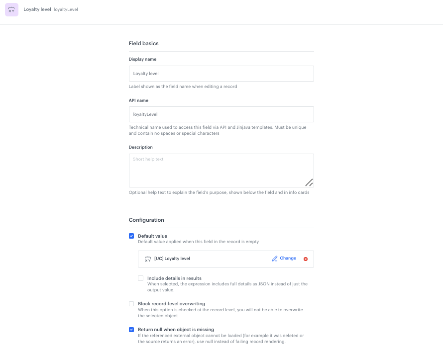 Configuration of the Loyalty level field in the Brickworks schema