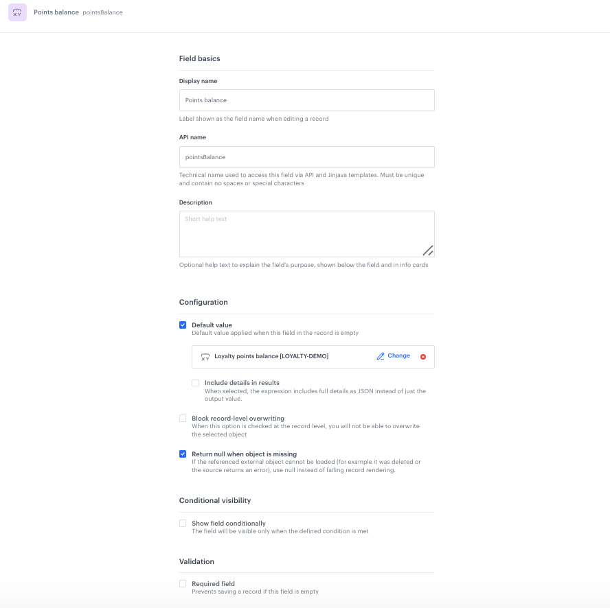 Configuration of the Points balance field in the Brickworks schema