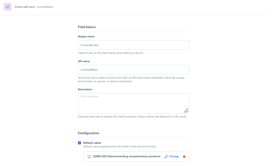 Configuration of the Cross-sell reco field in the Brickworks schema