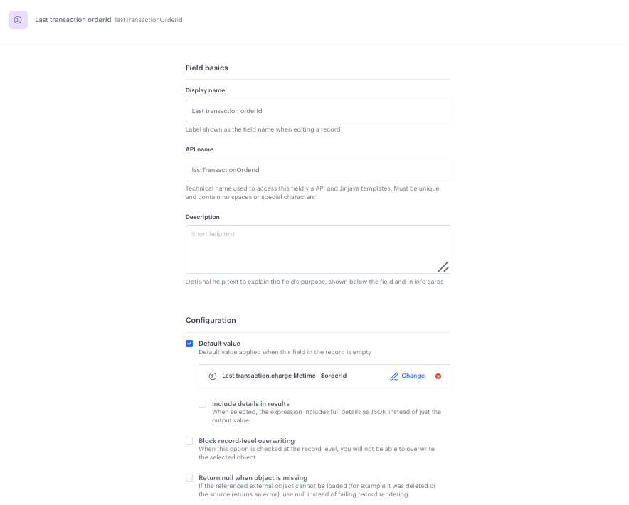 Configuration of the Last transaction orderId field in the Brickworks schema