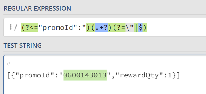 The regular expression matches a promoID in an example value of the transaction event parameter