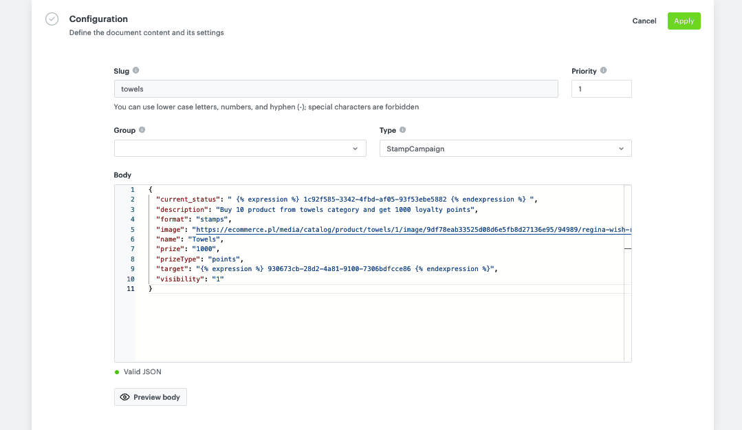 Document settings configuration