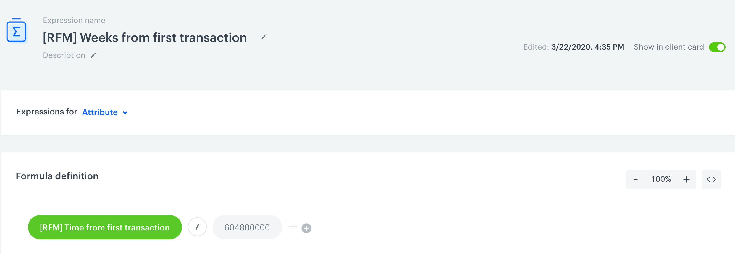 The expression formula that returns the number of weeks that passed since the first transaction