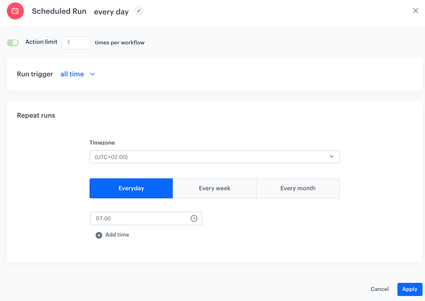 The configuration of the Scheduled Run node