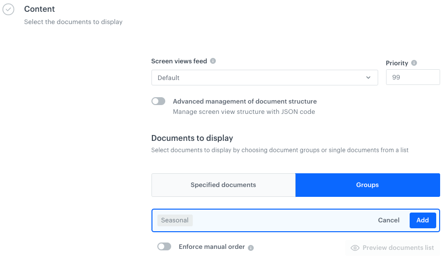 The configuration of the screen view