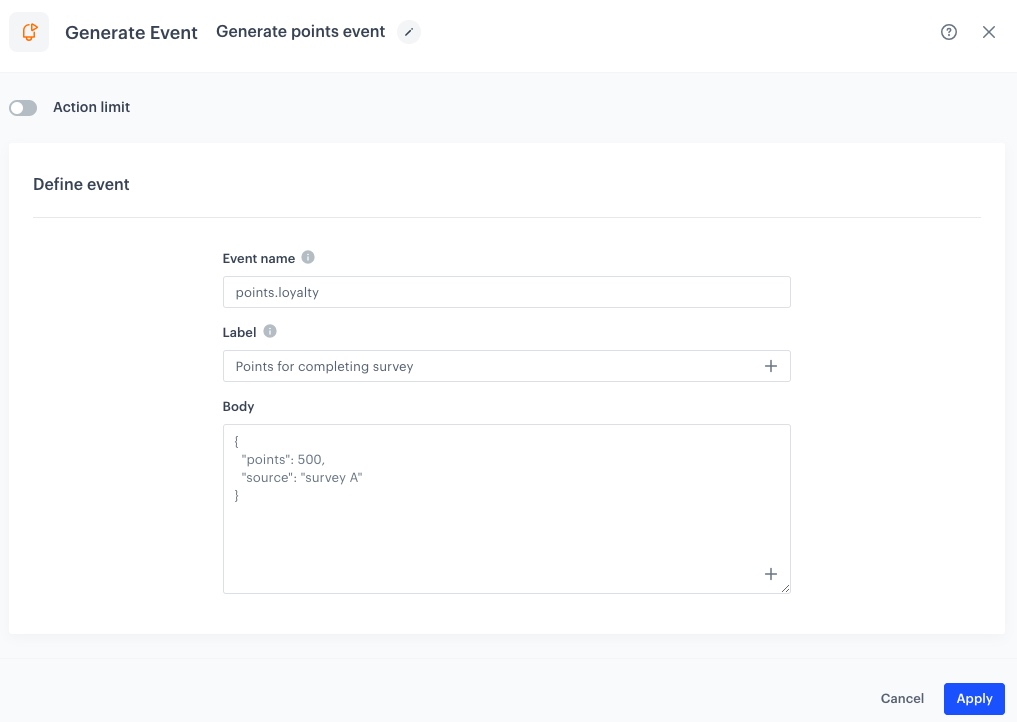 The view of the Generate Event node configuration