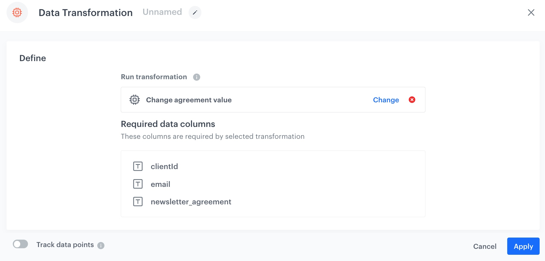 The configuration of the Data Transformation node