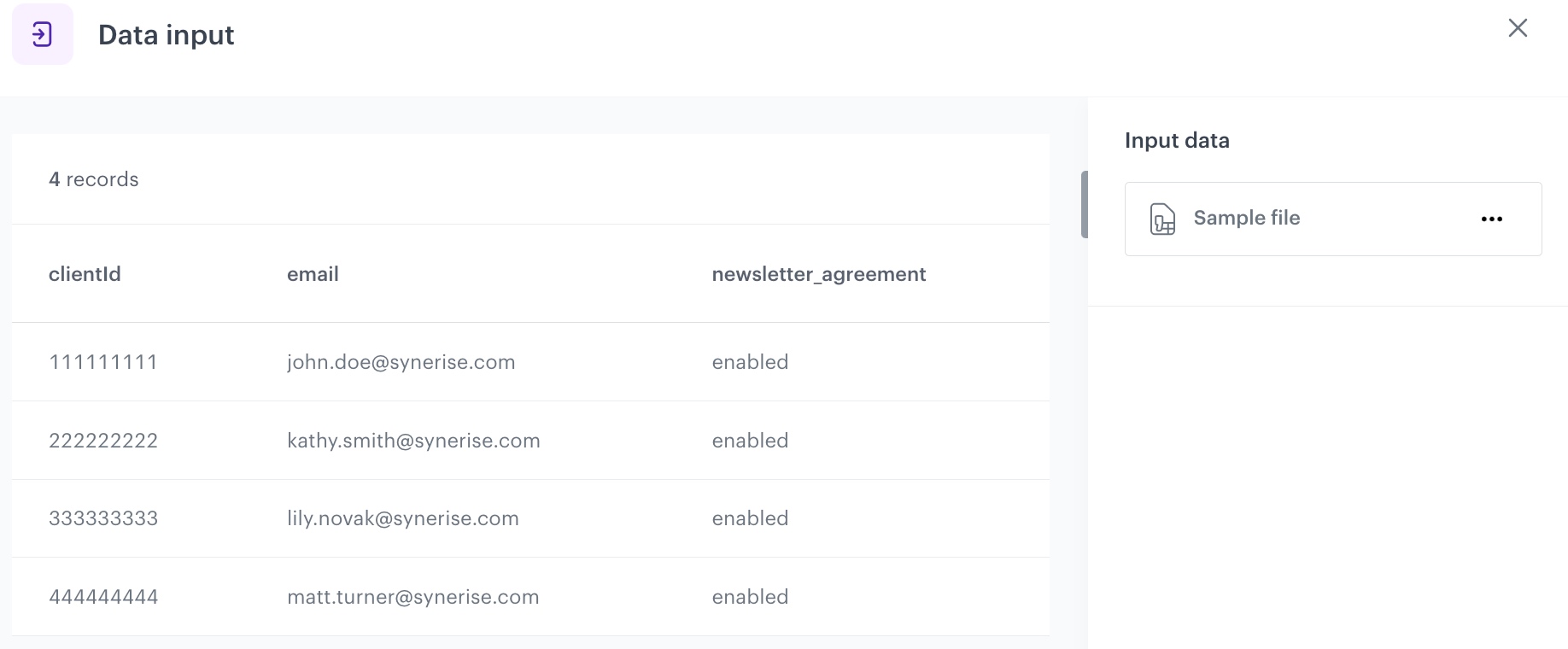 The configuration of the Data input node