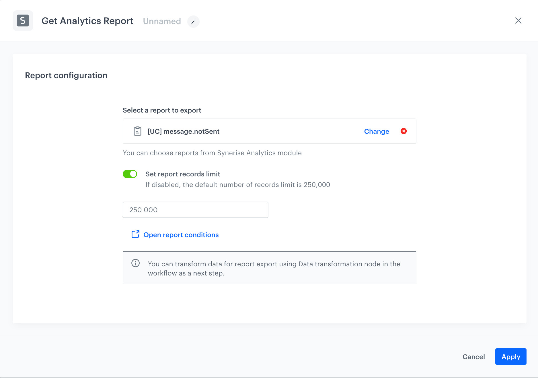 The configuration of the Get Analytics Report Node