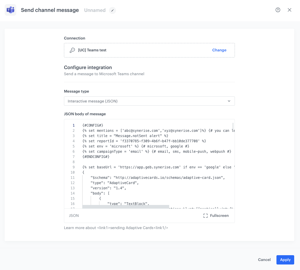 Configuration of the workflow that sends alert messages based on the metric results to the Teams channel