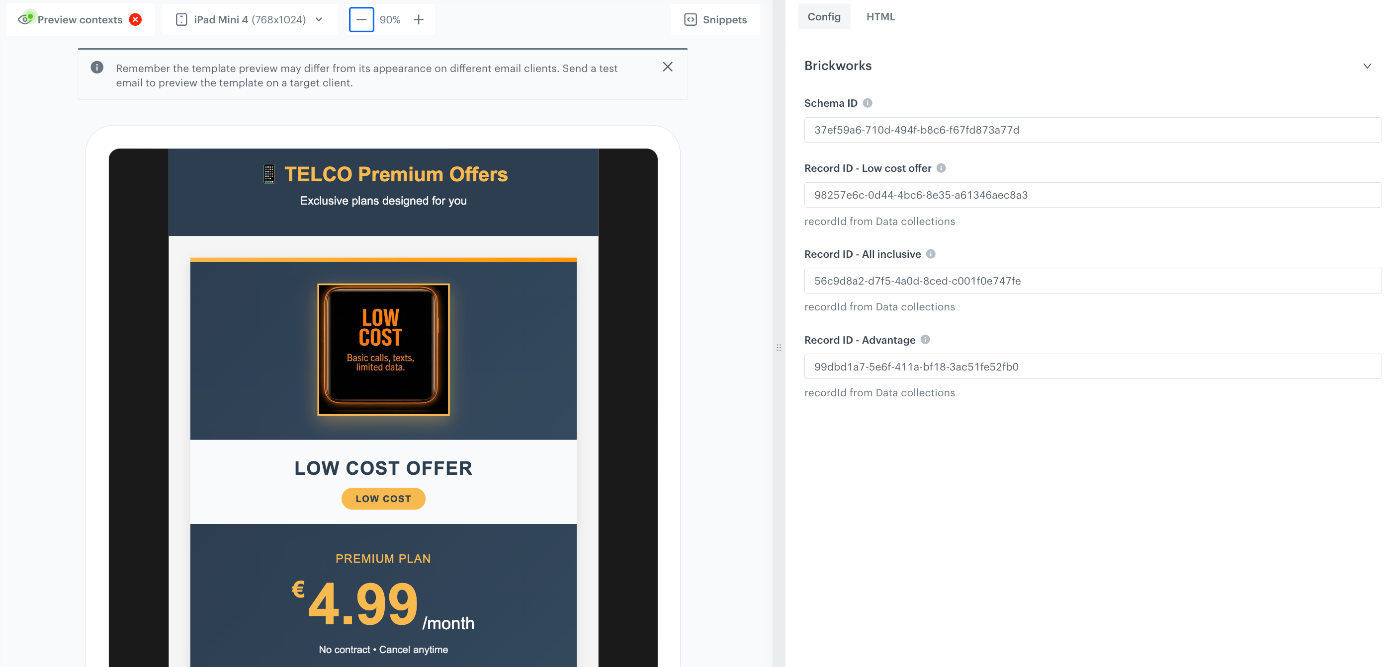 The view of the email template configuration