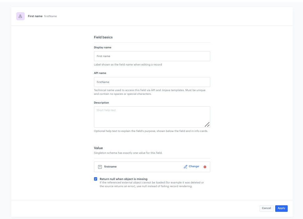 Configuration of the First name field in the Brickworks schema