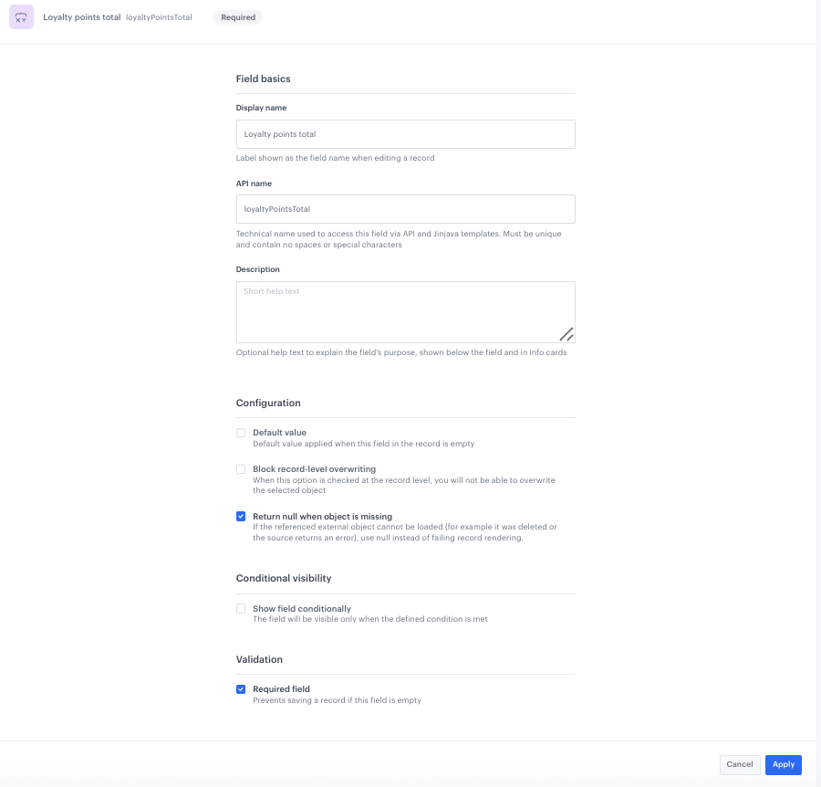 Configuration of the Loyalty points total field in the Brickworks schema