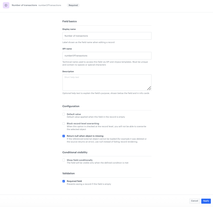 Configuration of the Number of transactions field in the Brickworks schema