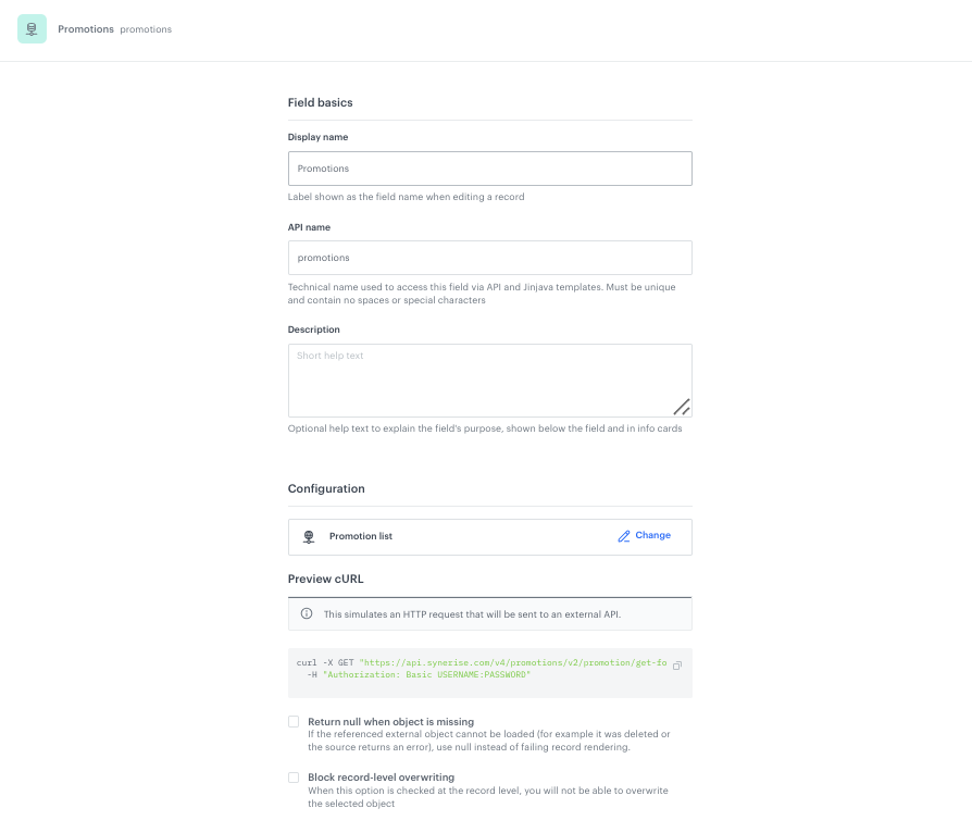 Configuration of the Promotions field in the Brickworks schema