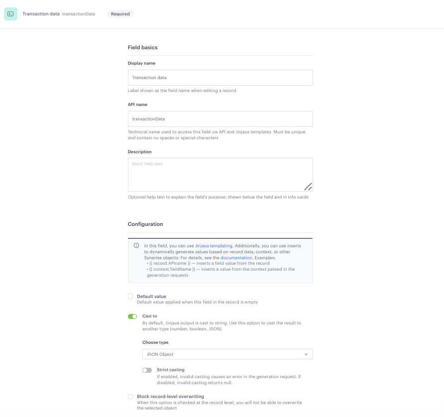 Configuration of the Transaction data field in the Brickworks schema