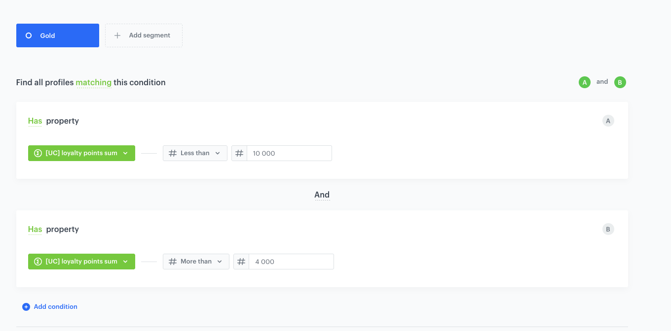 Configuration of the Gold loyalty level segmentation