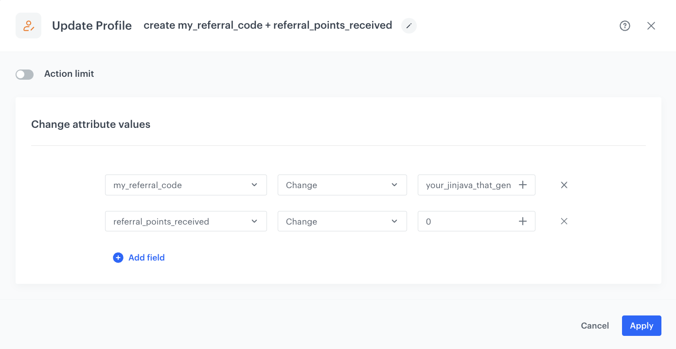 The configuration of the Update Profile node