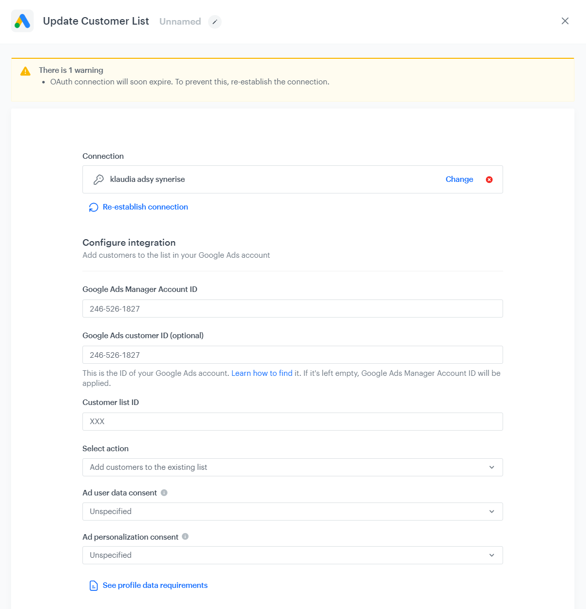 Update Customer List node configuration